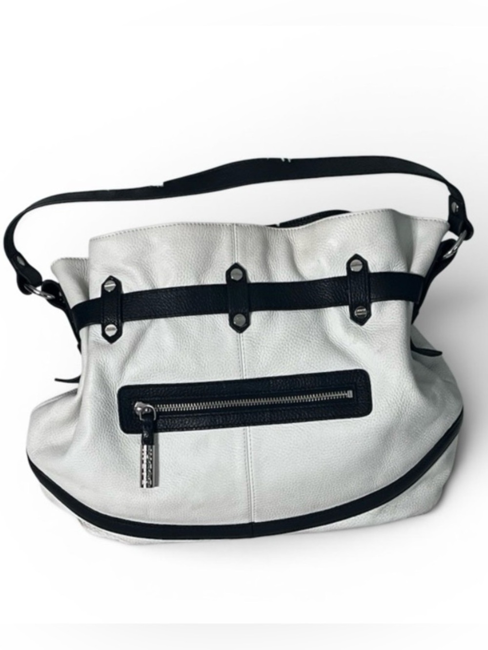 BODHI White Leather Shoulder Bag with Black Trim